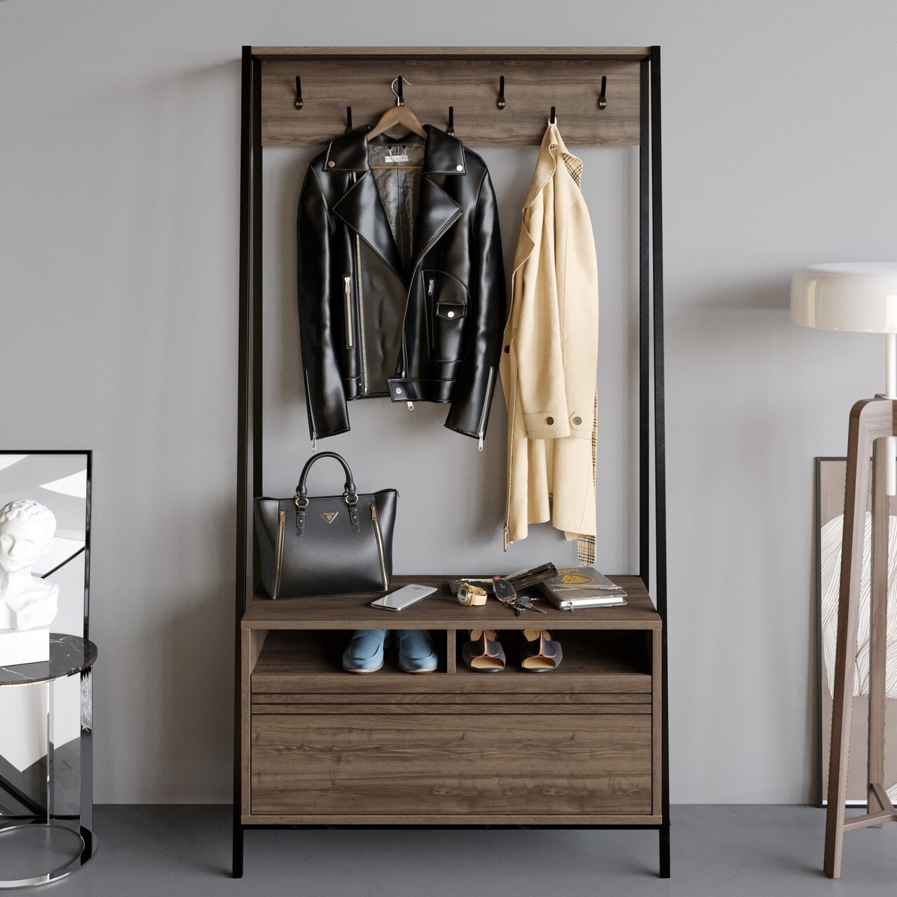 Cuier cu pantofar, Decorotika, Devin, 94 x 180 x 35.3 cm, pal melaminat, nuc/negru - imagine 6